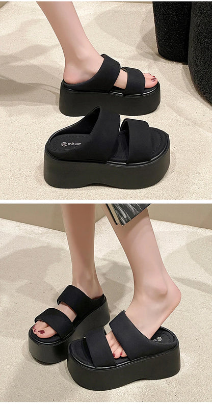 Summer 2023 Chunky Sandals Women's Thick Bottom Wedge Heels Slides 8CM High Heels Platform Leather Casual Beach Flip Flops Woman