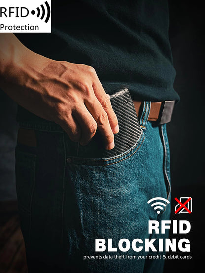 RFID Blocking Carbon Fiber Wallet- Ultra-Slim Bi-Fold Credit Card Holder with ID Window, Portable Front Pocket Money Clip