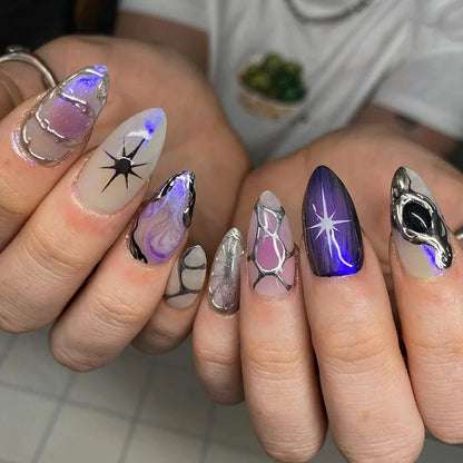 24pcs Romantic Y2k Star Press On Nails Gradient Blue French Style Gold Moon Designs Fake Nail Sweet Almond False Nails For Women