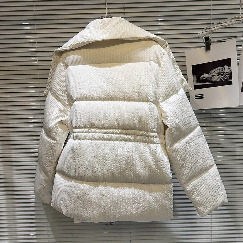 Winter Big Turn Down Collar Long Down Jacket Drawstring Striped Thick Knee Length Overcoat Warm White Duck Down Jacket Women