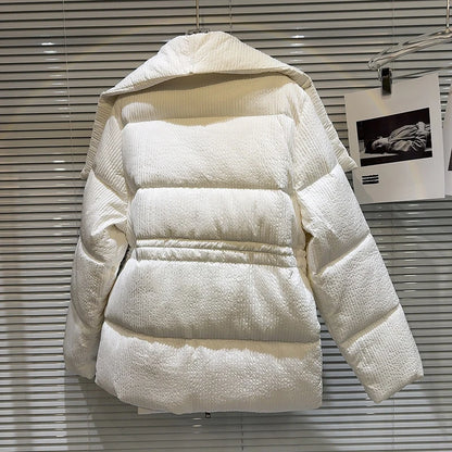 Winter Big Turn Down Collar Long Down Jacket Drawstring Striped Thick Knee Length Overcoat Warm White Duck Down Jacket Women