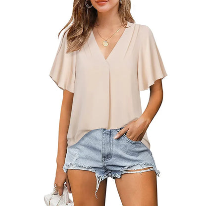 Office Lady Blouse Summer Women V-Neck Loose Short Sleeved T-Shirt  Daily Casual Tops Work Clothes