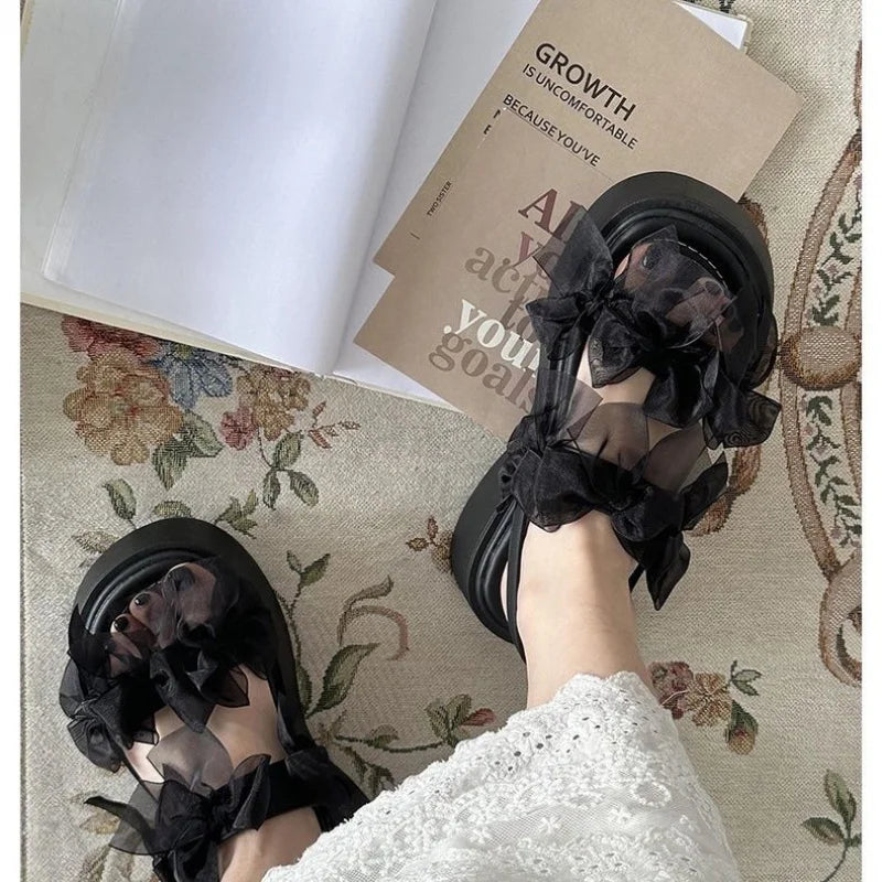 Women's Layered Bow Platform Sandals - Thick Cushioned Sole with Adjustable Ankle Buckle for Summer Casual Wear