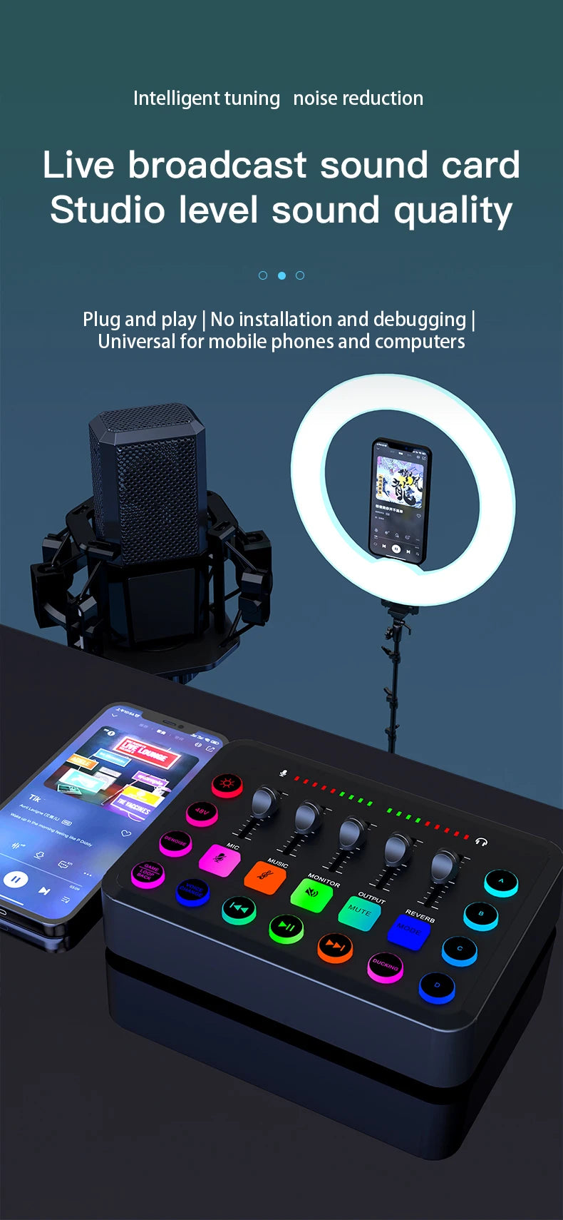 Likheung F11 Live Sound Card Streaming 5-Channel Mixer Sound Card Audio Mixer Professional Studio for Game Voice Podcast Live