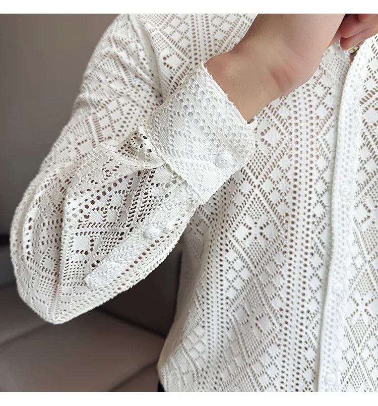 Quality Hollow Shirts For Men Korean Luxury Clothing Fashion Sexy Lace Men's Social Shirt Dress Slim Fit Long Sleeve Prom Tuxedo