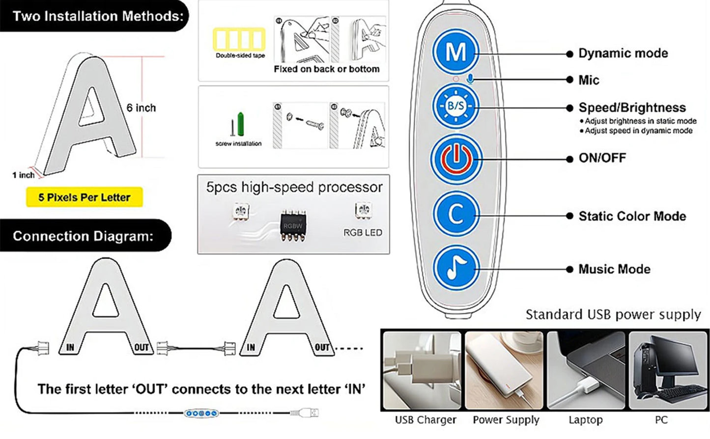 Smart LED Letters Lights Alphabet Light Decorative Name Letter Number Lamp Night Light USB MeRGBW App Music Sync Logo Game Home