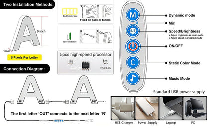 Smart LED Letters Lights Alphabet Light Decorative Name Letter Number Lamp Night Light USB MeRGBW App Music Sync Logo Game Home