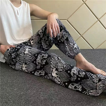 Women's Casual Print Palazzo Pants, Loose Sleep Pyjama Pants, Wide Leg, Thin Shorts, Cropped Pants, Summer Outdoor, ouc1143