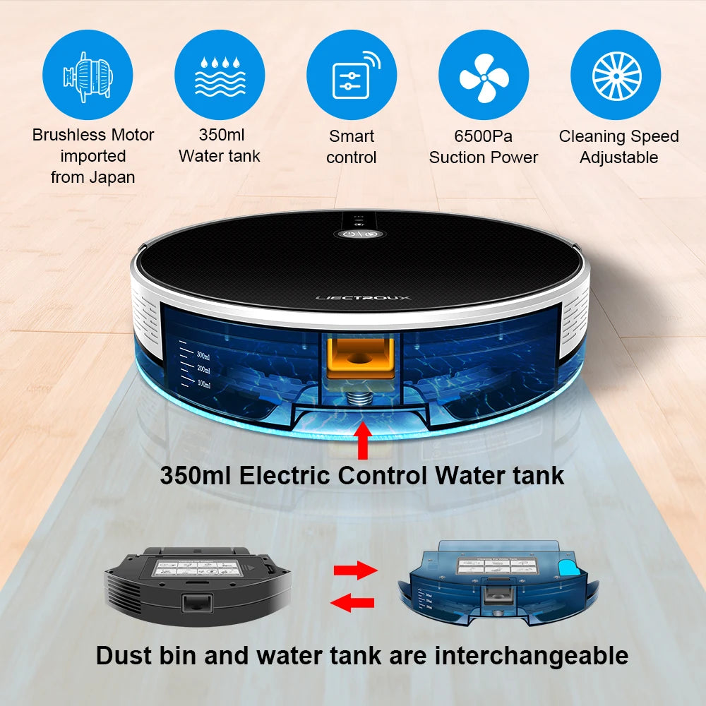 Robot Vacuum Cleaner LIECTROUX/LILIN C30B ,Map Navigation with Memory,Wifi APP Control,6000pa Suction,Smart Electric Water Tank