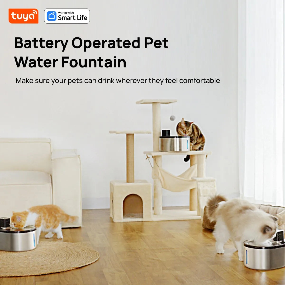 TuyaSmart Cat Fountain Battery Operated,Cat Water FountainSUS304Radar Sensing withMotion Sensor,Ultra Quiet PumpMulti-Filtration