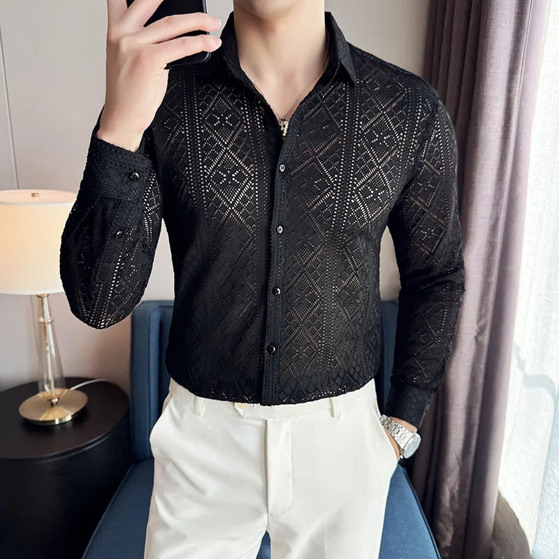 Quality Hollow Shirts For Men Korean Luxury Clothing Fashion Sexy Lace Men's Social Shirt Dress Slim Fit Long Sleeve Prom Tuxedo