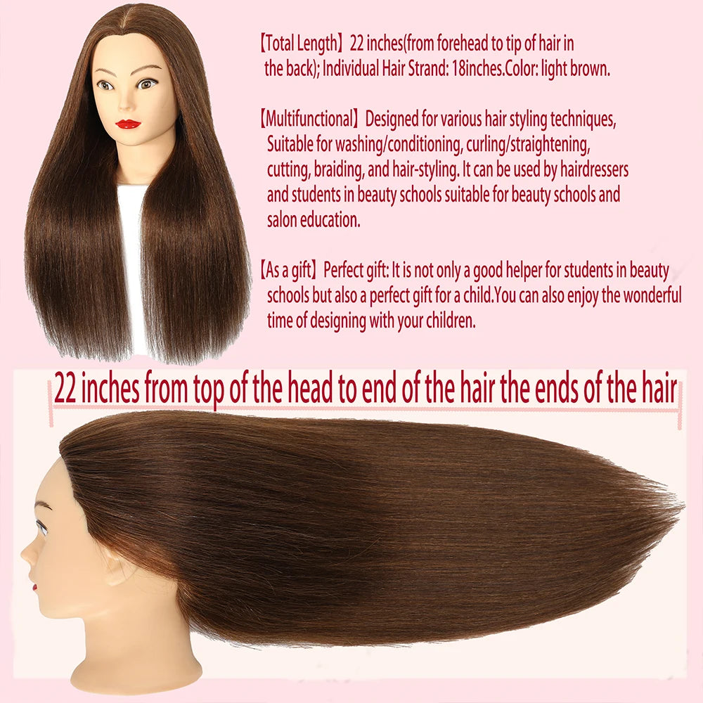 Female Mannequin Head with 22"100%Real Hair Cosmetology Manikin Head Hairdressing Practice Cutting Styling Training Doll Heads