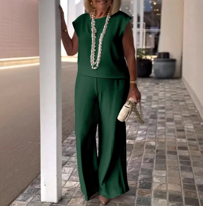 Elegant Women 2-piece Office Set 2025 Group Of Pant Outfit Ladies Temperament Sleeveless O-Neck Blouse Tops&Wide Leg Pants Suit