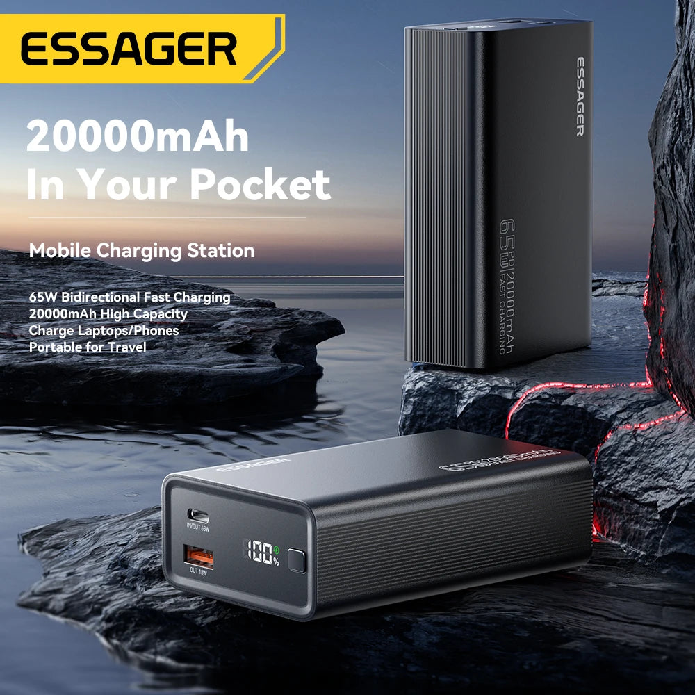 Essager 65W Power Bank 20000mAh PD Fast Charging Portable Battery Charger 3 Output Ports for iPhone 15 14 Pro Notebook Tablet