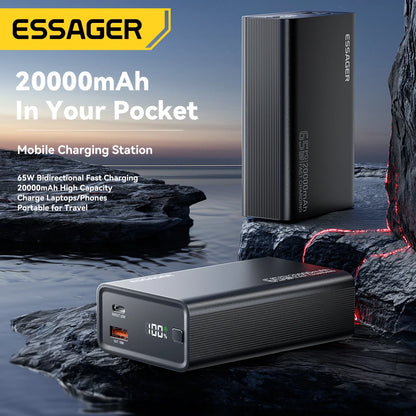 Essager 65W Power Bank 20000mAh PD Fast Charging Portable Battery Charger 3 Output Ports for iPhone 15 14 Pro Notebook Tablet