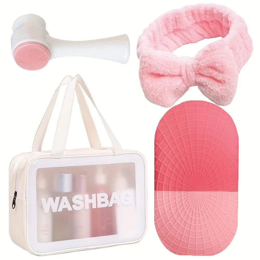4-Piece Skin Care Gift Set: Ice Roller, Coral Fleece Headband, Makeup Bag and Cleansing Brush - Beauty Tools, Headband