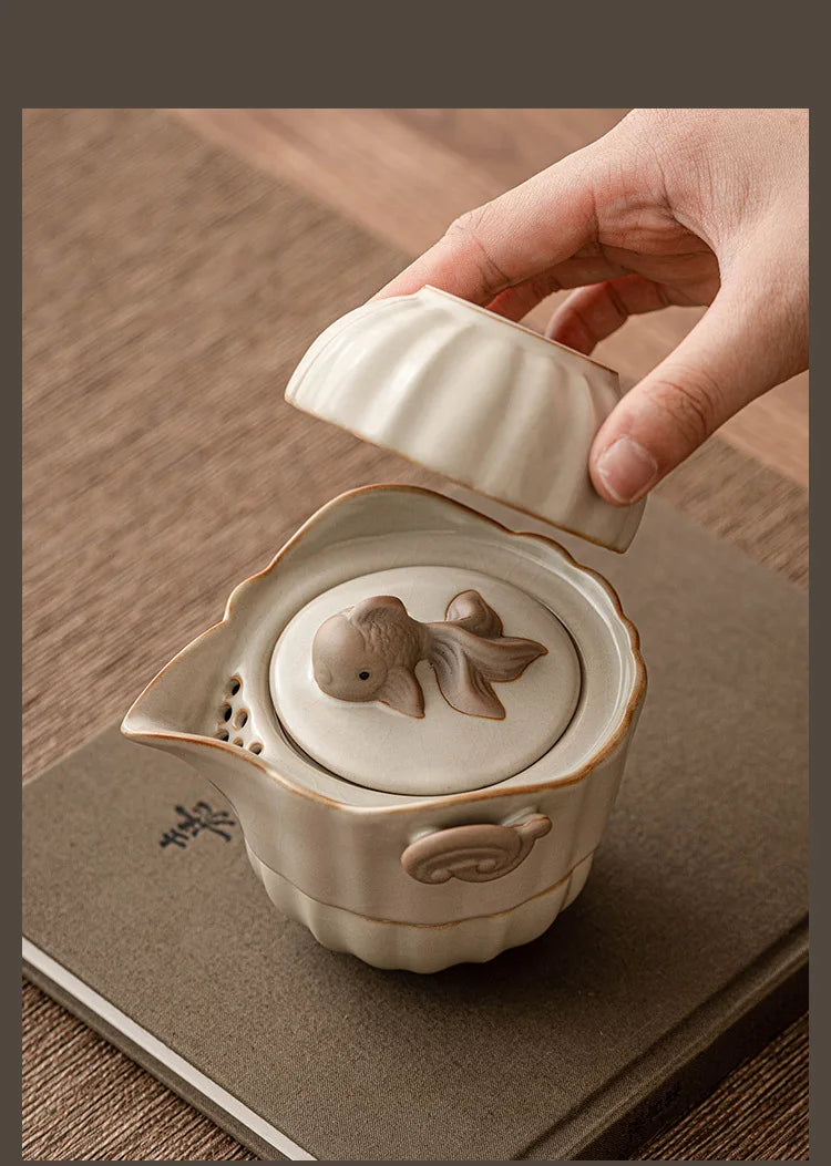 Beige Ru Ware Travel Tea Set Portable Outdoor One Pot Two Cups Porcelain Brewing Equipment Suit