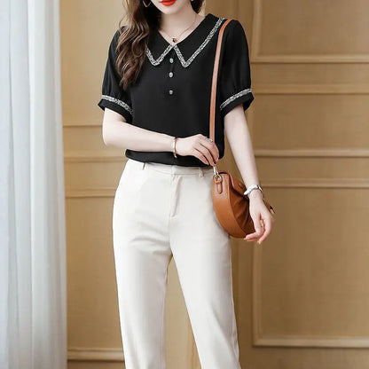 Top for Woman Office Outfits Clothing Black Women's Shirts and Blouses Chiffon Wear To Work Formal Collar Short Sleeve New 2024