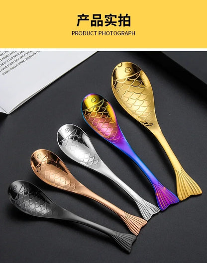 304 stainless steel spoon spoon creative fish-shaped cartoon fish spoon dessert spoon rice spoon gold-plated  stirring spoons