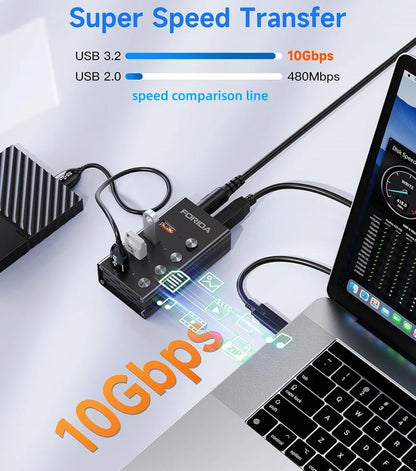 FORIDA USB C Hub 3.2 10Gbps 4/7 Port Aluminium Alloy Docking Stations Splitter LED Switches Adapter for MacBook Laptop Phone