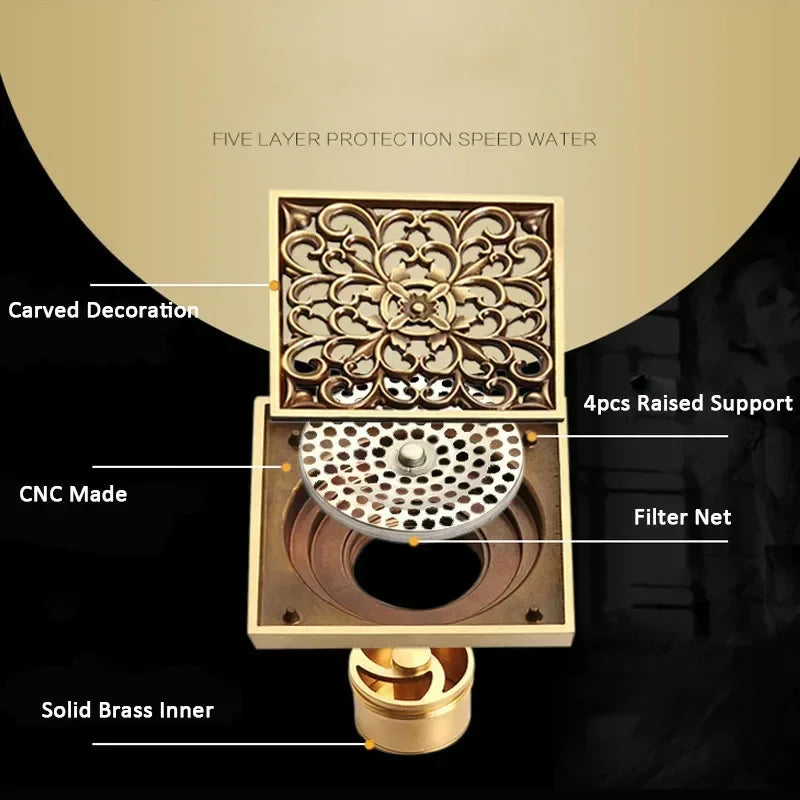 Antique Euro Square Floor Drains Deodorant Floor Drain Strainer Cover Brass Shower Hardware Bathroom Accessories Floor Drain