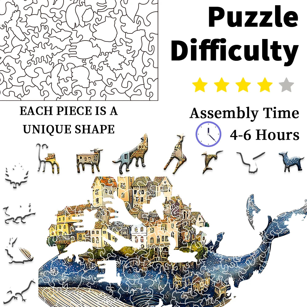 Artisan Whale Castle Wooden Puzzle – Handcrafted Animal Village, Intermediate Challenge & Marine Wall Art – Portable Family Game
