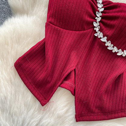 SINGREINY Strapless Sexy Ladies Top Summer Halter Beading Design Split Camisole Korean Skinny Streetwear Hotsweet Tank Top