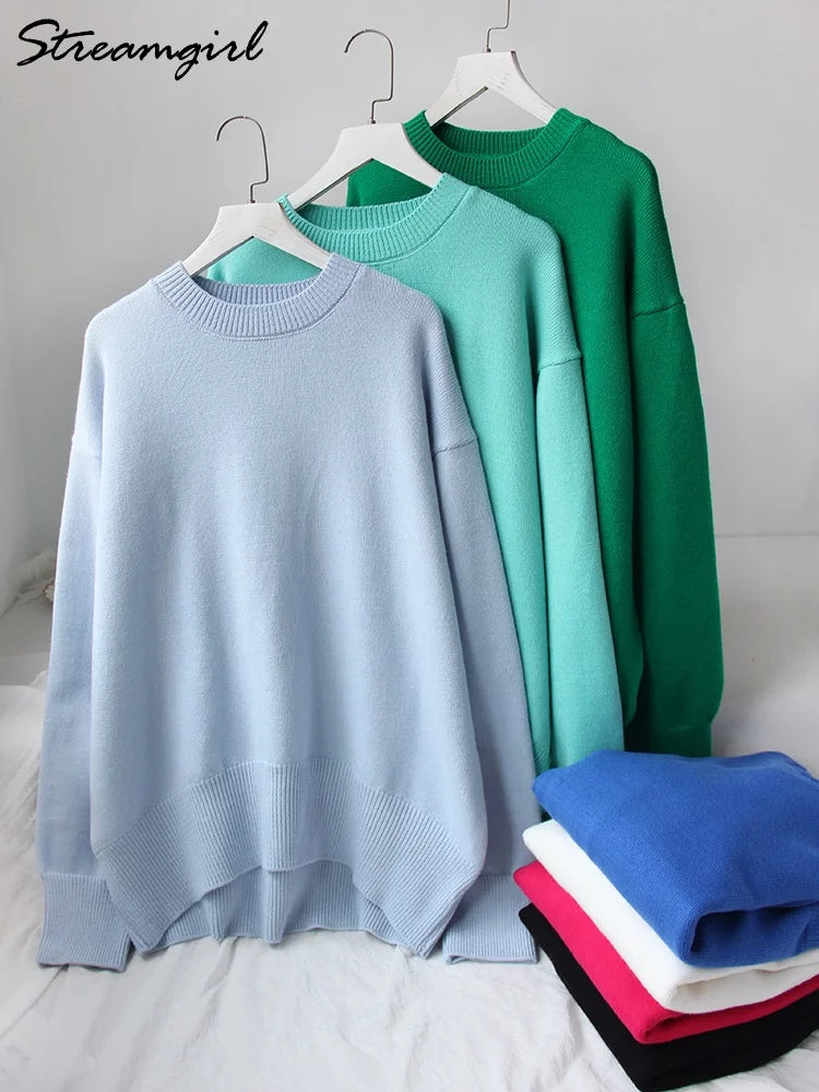 Light Blue Oversized Sweaters For Women 2024 Trend White Loose Sweater Casual Autumn Winter Warm Thick Knit Sweater Women Jumper