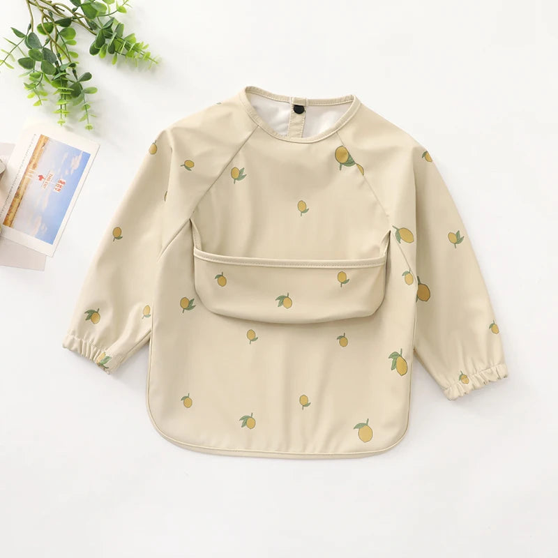New Children Feeding Aprons Long Sleeve Baby Bib With Pocket Full Cover Kid Gown With Bag Waterproof Long-Sleeve Smock