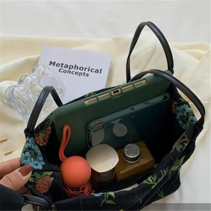 Street Trend Embroidered Totes Bags for Women Large Capacity Canvas Handbag Shoulder Bag Female Commuting Bucket Bag