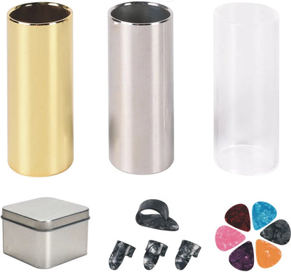 Guitar Slide, Set of 1 Acrylic Slide, 1 Steel Slide and 1 Brass Guitar Slide, Bonus 6 Pcs Guitar Picks, and 4 Finger Picks