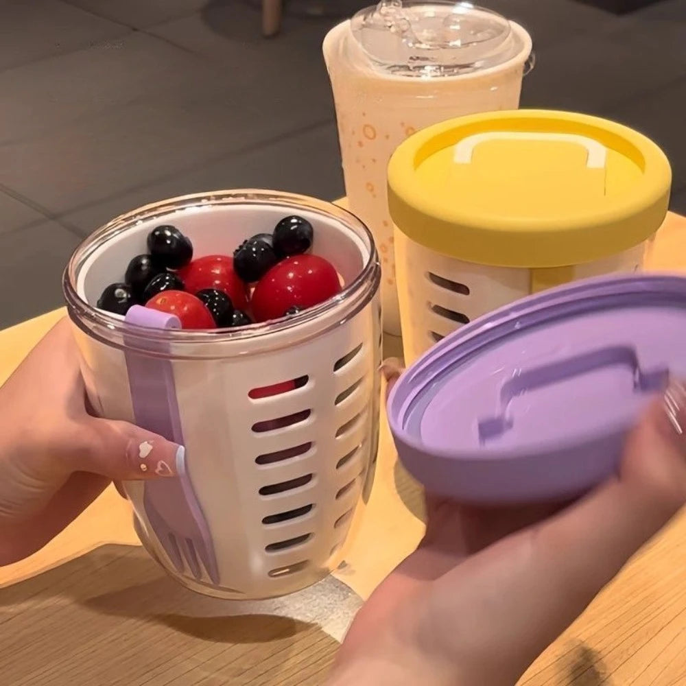 Salad Cup With Fork Cylindrical Plastic Fruit Cup Multifunctional Drainage Function Salad Container, Portable Lunch Box