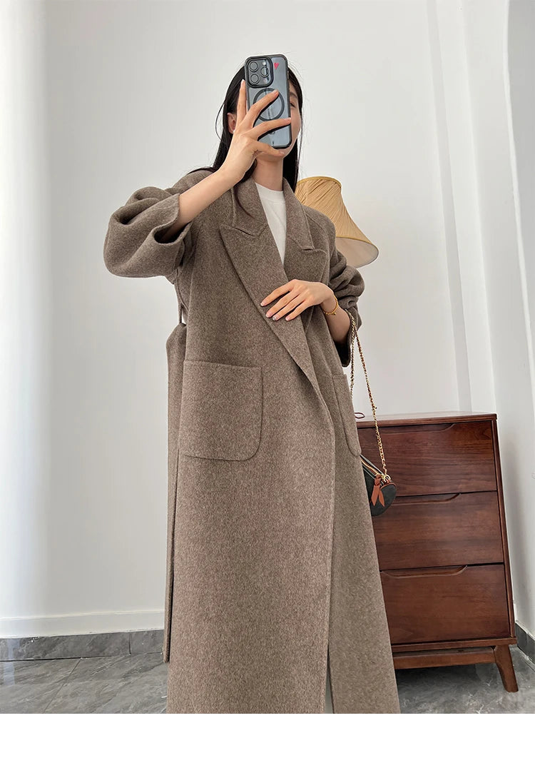 Office Lady Woolen Jackets 2024 Autumn And Winter Bathrobe Style Pocket Double-Sided Loose Lace -Up Tie Women's Long Wool Coats