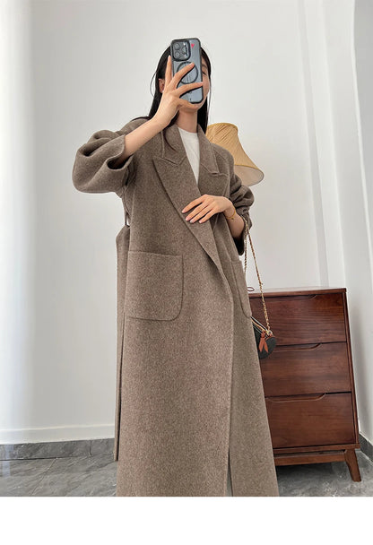 Office Lady Woolen Jackets 2024 Autumn And Winter Bathrobe Style Pocket Double-Sided Loose Lace -Up Tie Women's Long Wool Coats