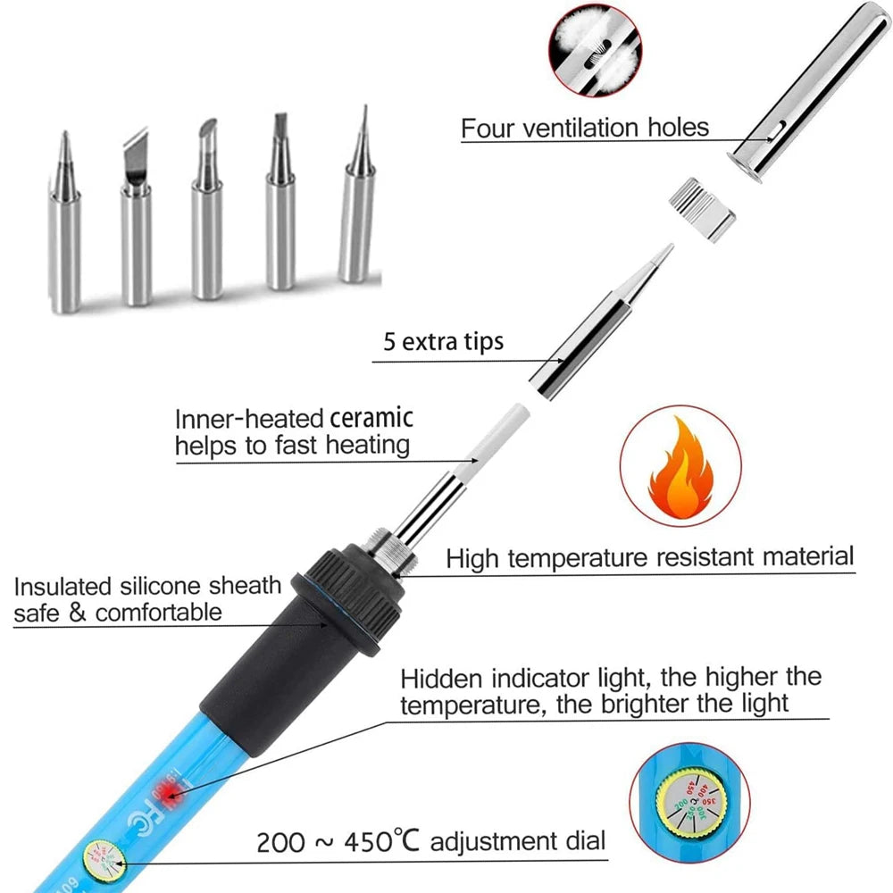 New Electric Soldering Iron 60W Adjustable Temperature Replaceable Soldering Iron Head Soldering Iron Pen Welding Kit