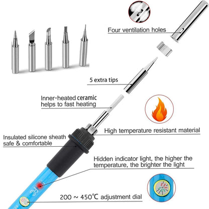 New Electric Soldering Iron 60W Adjustable Temperature Replaceable Soldering Iron Head Soldering Iron Pen Welding Kit