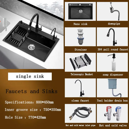 kitchen sink Black nano-sink single-slot household hand-washing basin kitchen large 304 stainless steel sink sink bowl