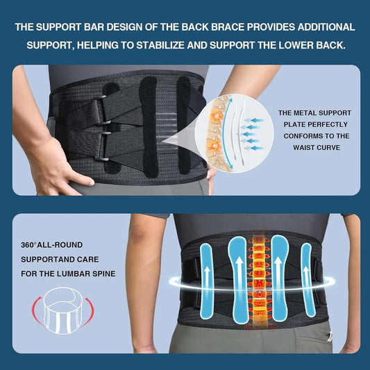 Back Brace For Lower Back Pain, With 4 Metal Supports, Four Elastic Bands, Breathable & Strong Support, Relieve Your Pain