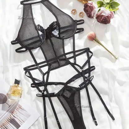 Open Lingerie Set Transparent Lace Up Bandage Exotic Sets Mesh Femme Lingerie Lace Bra Set Women Sexy Lingerie Set