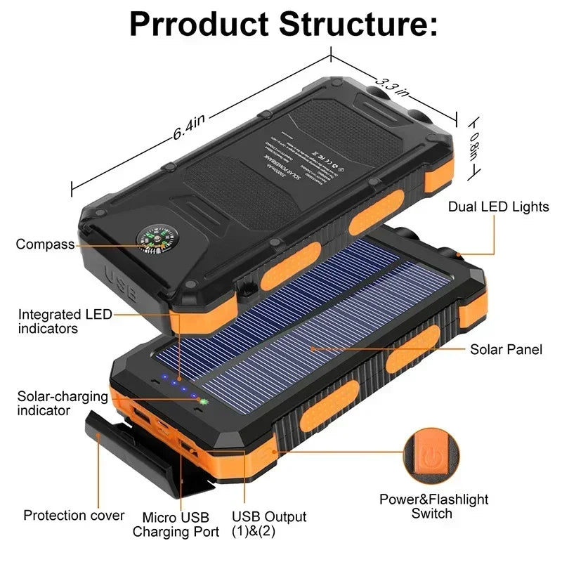 200000mAh Large Capacity Solar Power Bank Portable Outdoor Charger PowerBank External Waterproof Battery Charging with LED Light