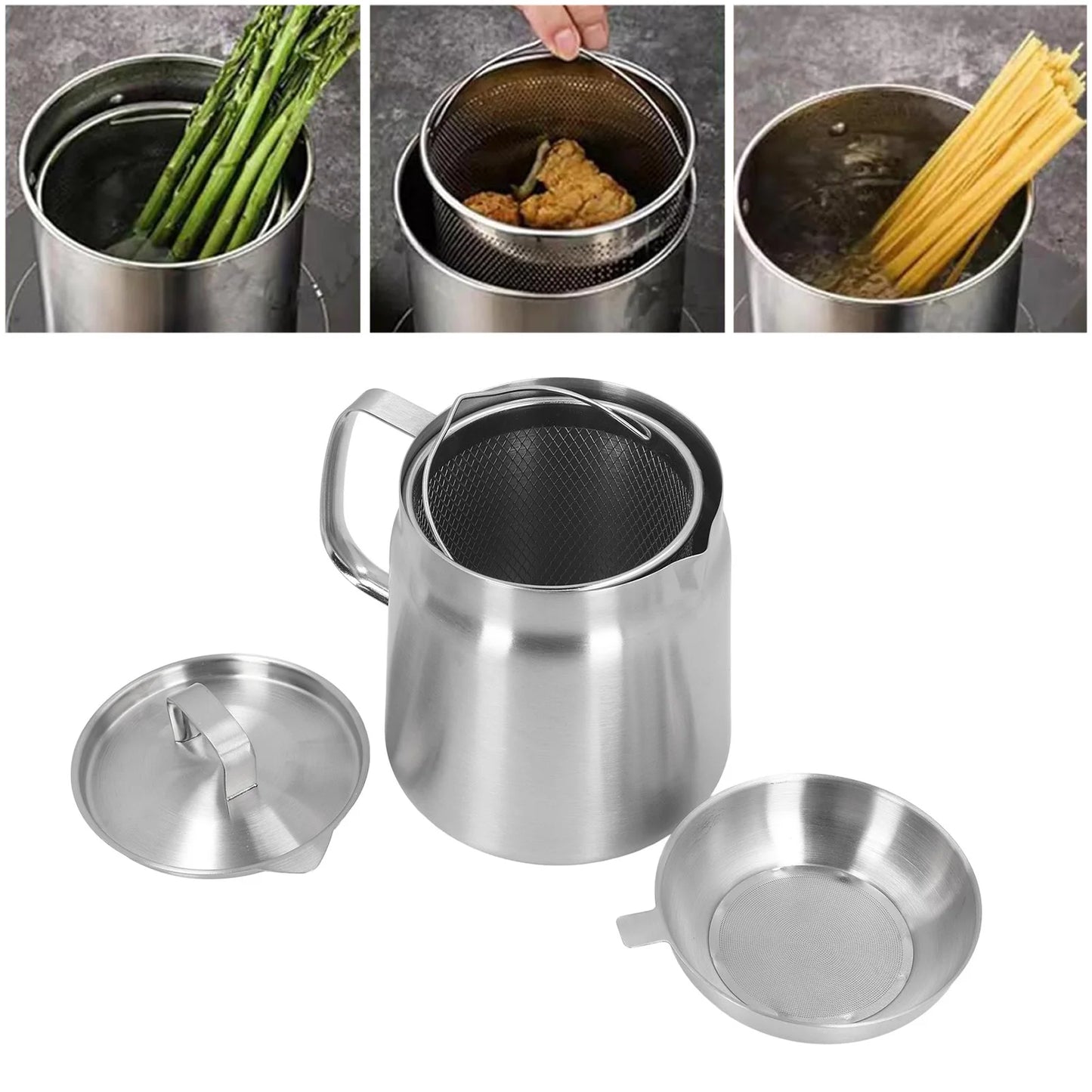 Oil Strainer Pot 304 Stainless Steel Oil Filter Large Capacity Ergonomic Handle Grease Container With Strainer Oil Storage Can