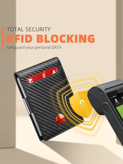 RFID Blocking Carbon Fiber Wallet- Ultra-Slim Bi-Fold Credit Card Holder with ID Window, Portable Front Pocket Money Clip
