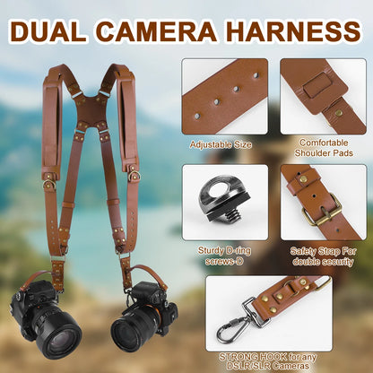 Dual Camera Strap Double Camera Harness Adjustable Leather Camera Straps Universal Camera Shoulder Strap for DSLR/SLR Cameras