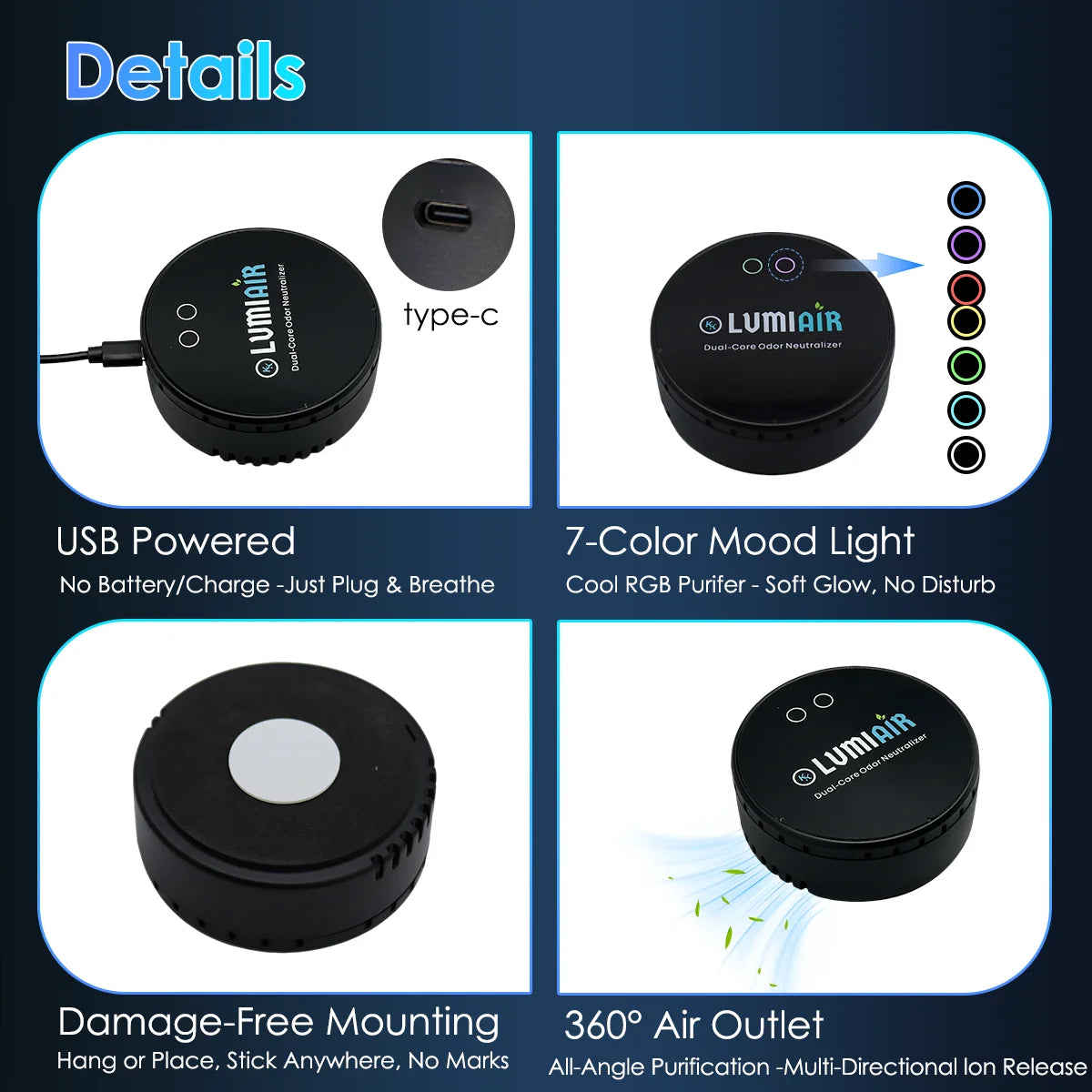 Smart Air Purifier/Deodorizer-USB-Powered Air Cleaner with Dual-core chip, Low Noise Operation for Smalller Spaces