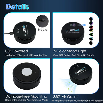 Smart Air Purifier/Deodorizer-USB-Powered Air Cleaner with Dual-core chip, Low Noise Operation for Smalller Spaces