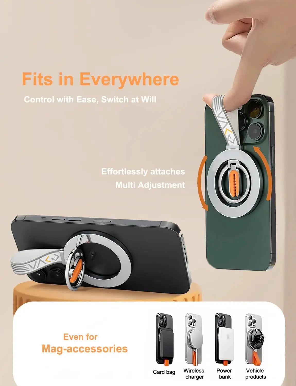 for MagSafe Car Mount, 3-in-1 Upgraded Magnetic Phone Ring Holder Grip Kickstand Car  with MagSafe Accessories for IOS & Android