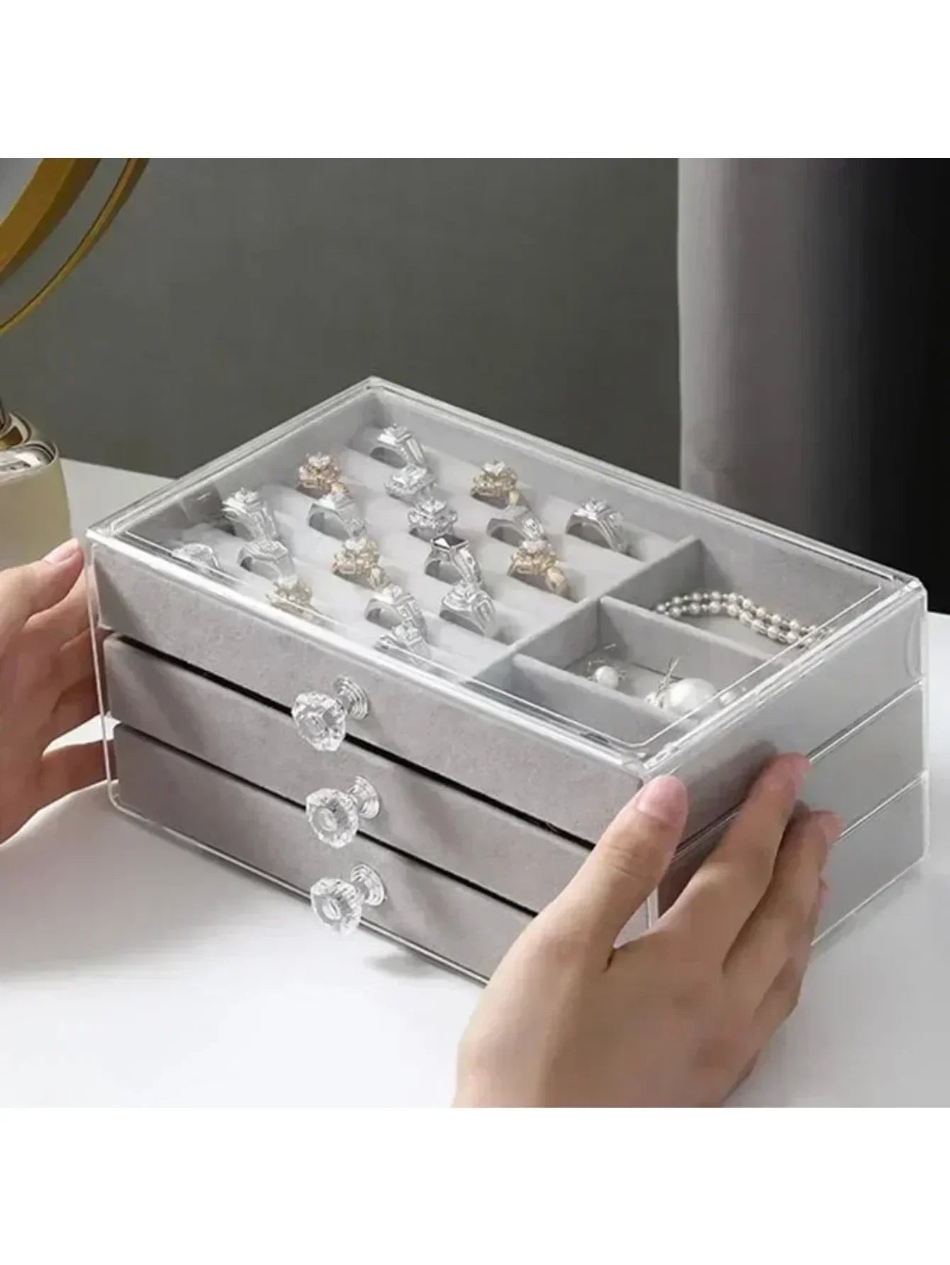 Organizer Box  Acrylic Velvet Jewelry Organizer with 3 Drawers Stackable Display Storage Earrings Necklace Bracelets Box Holder