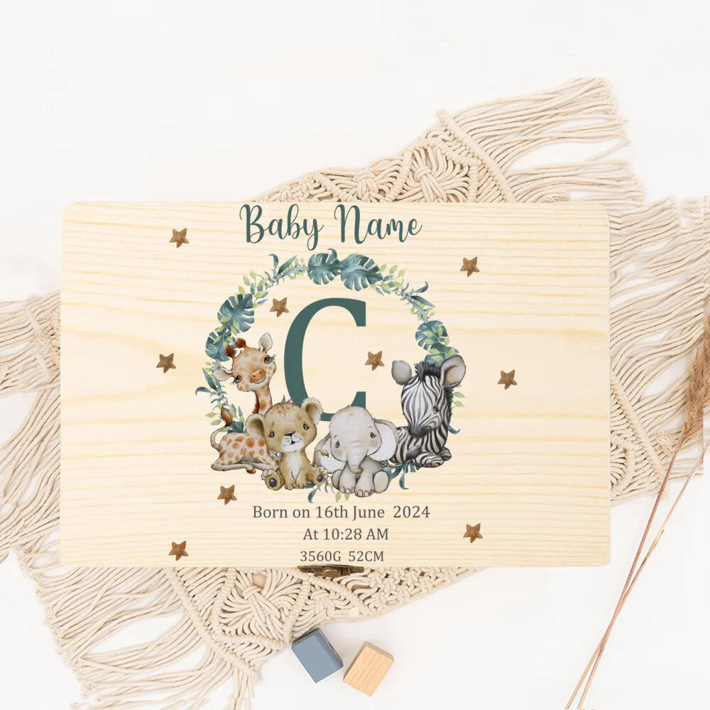 Baby Memory Box As A Gift for A Birth or Baptism Personalized Wooden Keepsake Boxes Newborn Animal with Name Birth Dates Case