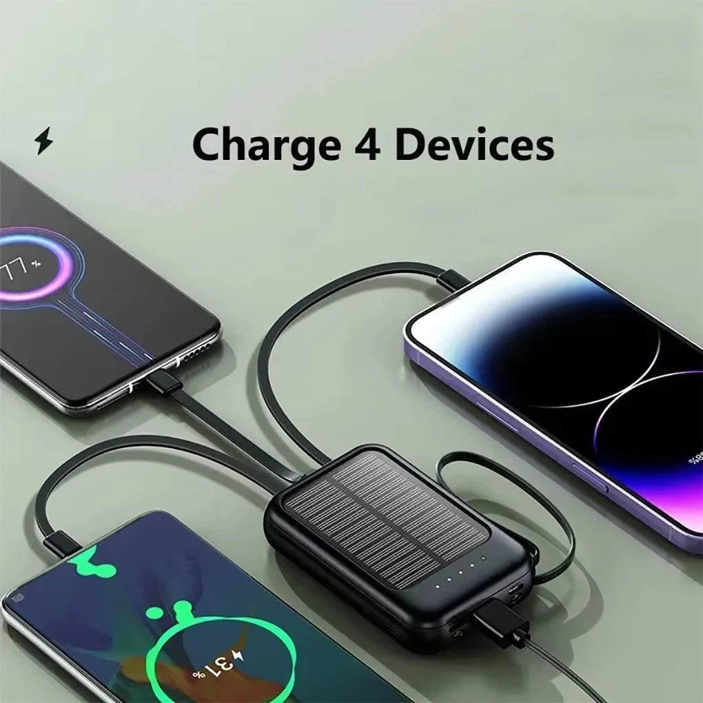 20000mAh High Capacity Solar Power Bank Built 4 Cables Fast Charger 2 USB Ports Portable External Powerbank LED Light Powerbank