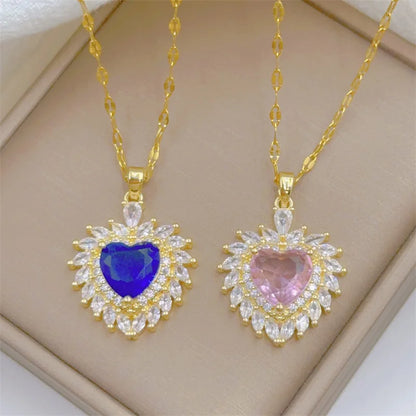 Exquisite and Cute Micro-paved Pink Necklace, Fashionable Retro Style Versatile Stainless Steel Clavicle Chain